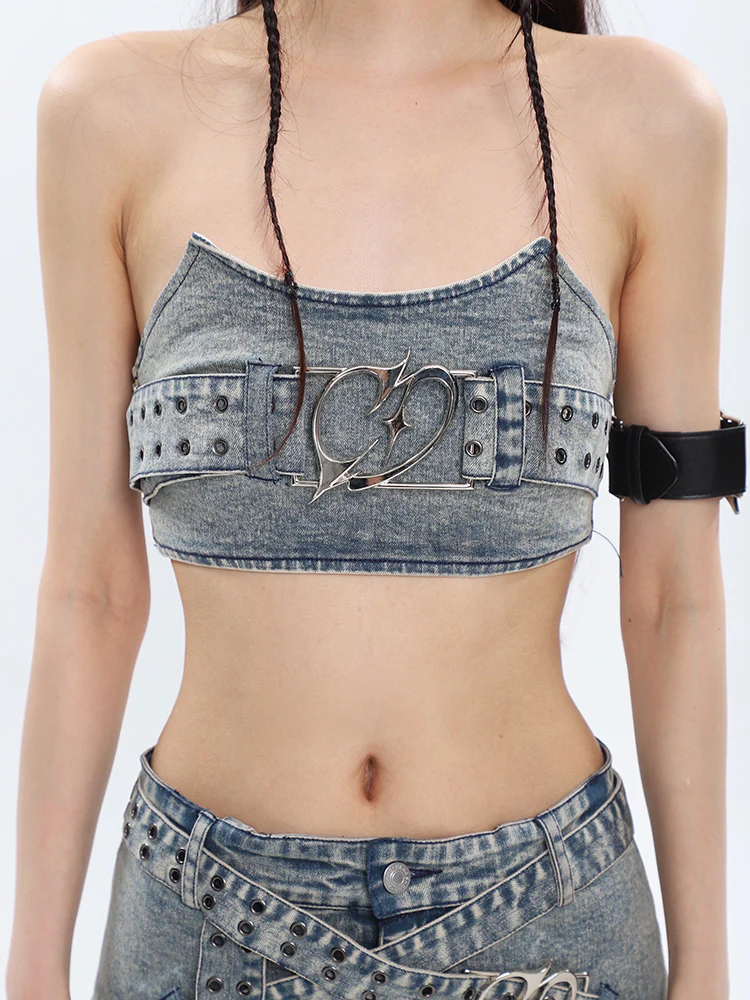 Tube Top with Buckle and Multi Strap Denim Mini Skirt Two-Piece Set - Image 13