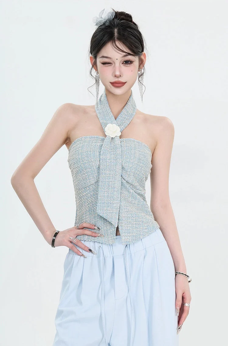 Tweed Halter Neck Twist Crop Top with Floral Applique - Image 2