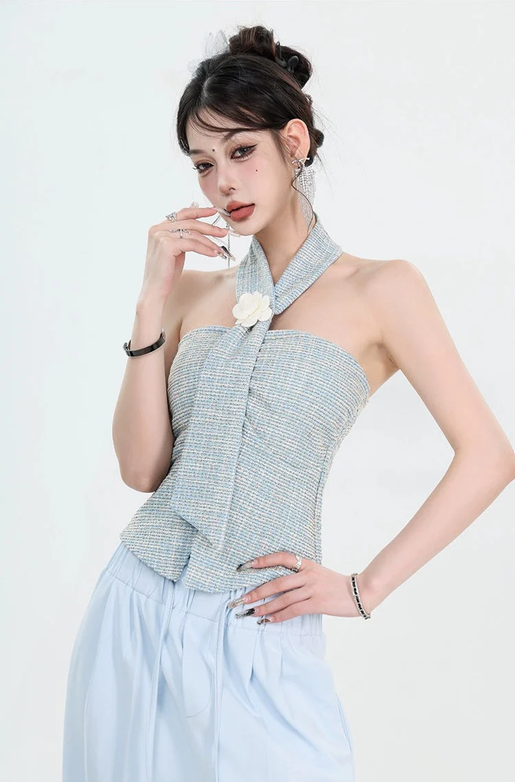 Tweed Halter Neck Twist Crop Top with Floral Applique - Image 6