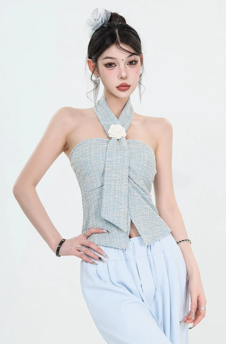 Tweed Halter Neck Twist Crop Top with Floral Applique - Image 7