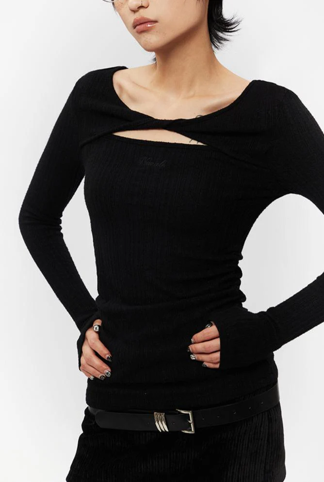 Twist Cutout Ribbed Ruched Side Long Sleeve Top - Image 5