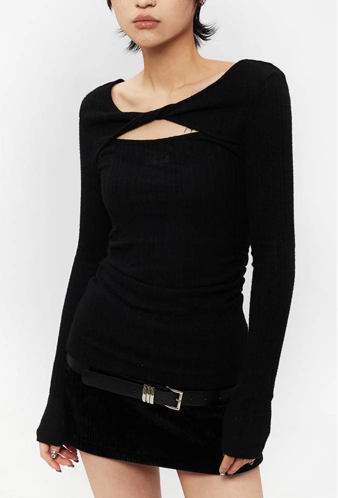 Twist Cutout Ribbed Ruched Side Long Sleeve Top - Image 6
