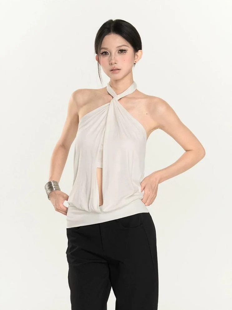 Twist Halter Neck Draped Blouse with Cutout - Image 2