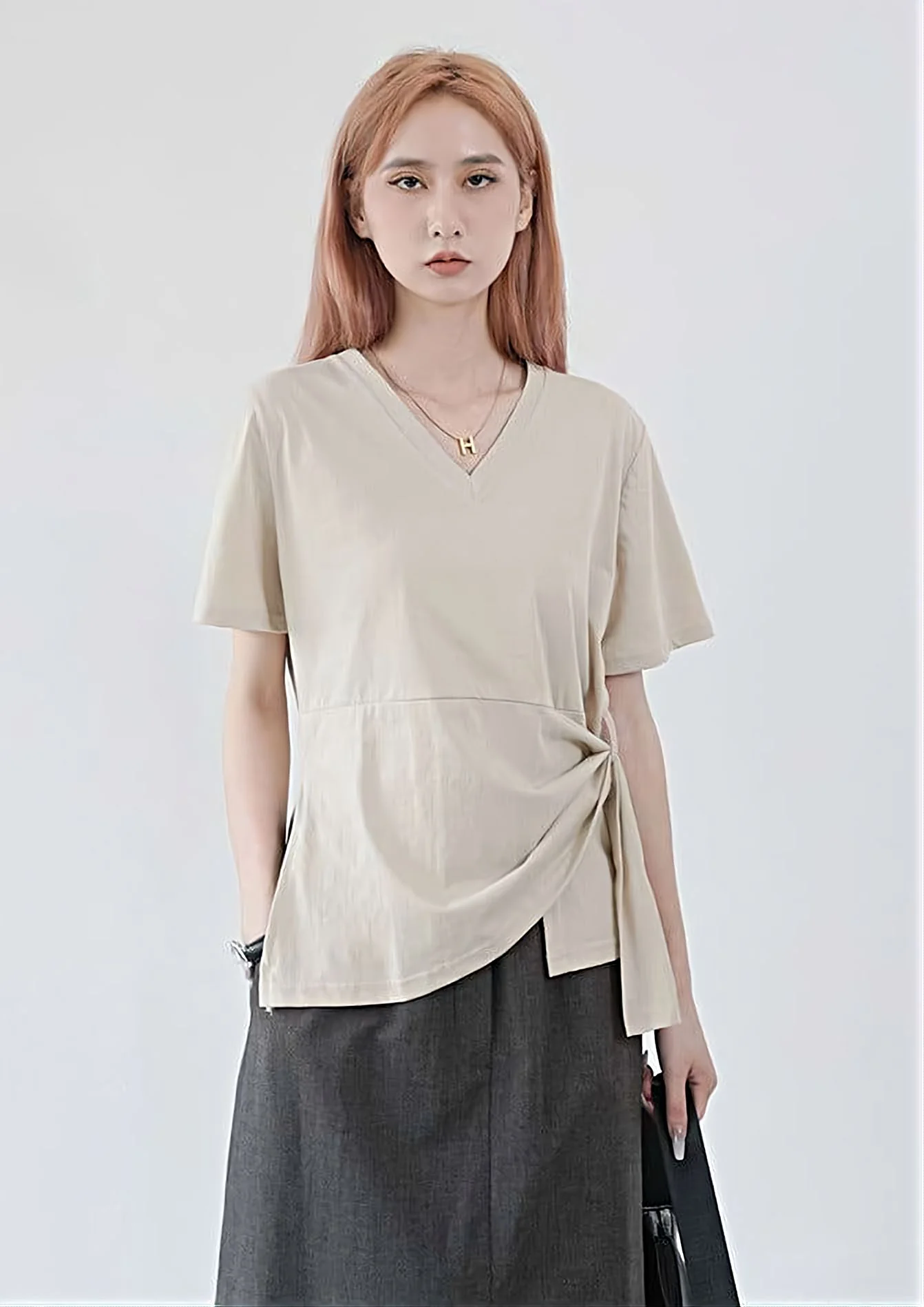 V-Neck Side Knot Short Sleeve Top - Image 2