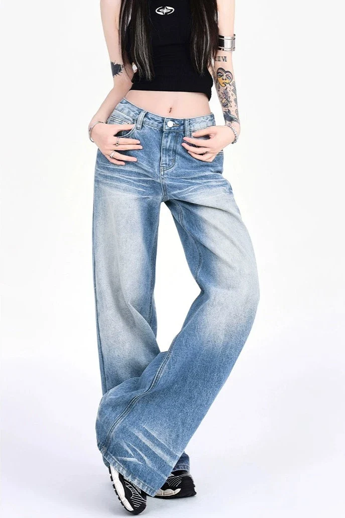 Vintage Faded Washed Wide-Leg Denim Jeans - Image 4