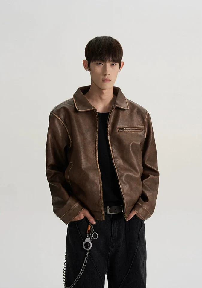 Vintage Leather Jacket with Zip Pocket - Image 4