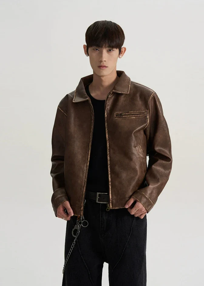 Vintage Leather Jacket with Zip Pocket - Image 5