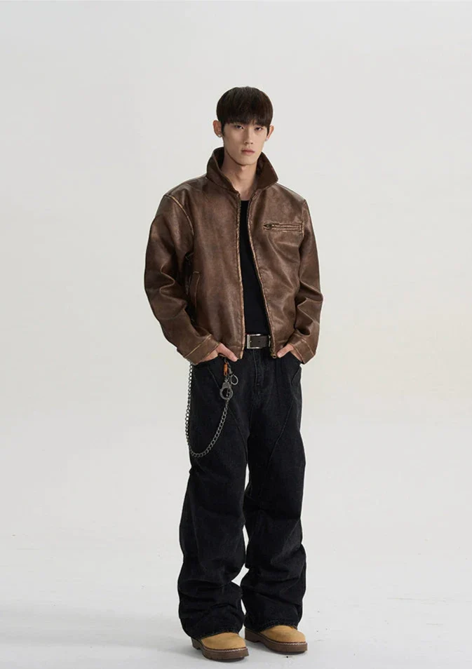 Vintage Leather Jacket with Zip Pocket - Image 7