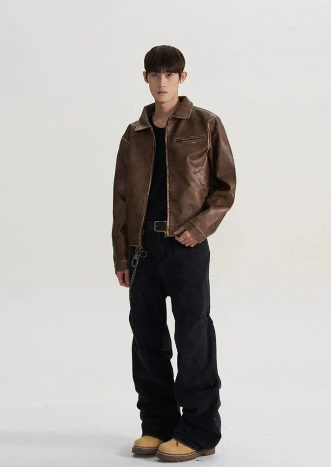 Vintage Leather Jacket with Zip Pocket - Image 8