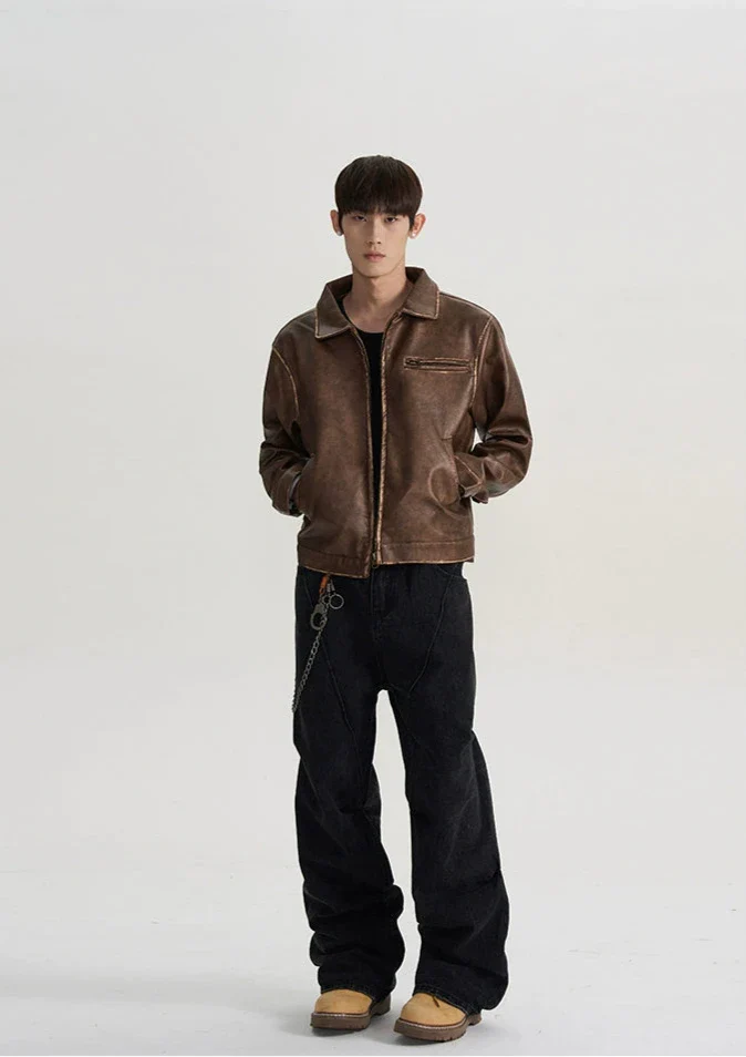 Vintage Leather Jacket with Zip Pocket - Image 9