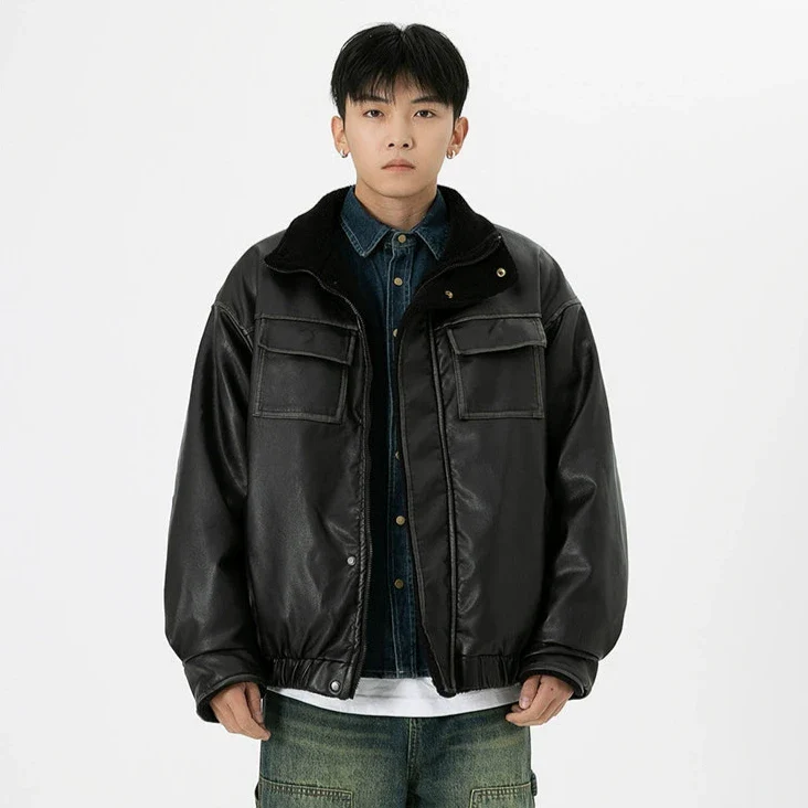 Vintage Washed Faux Leather Jacket with Flap Pockets - Image 10