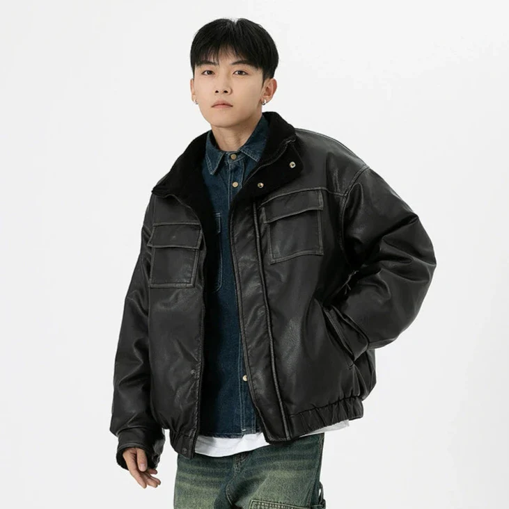 Vintage Washed Faux Leather Jacket with Flap Pockets - Image 11