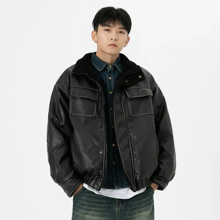 Vintage Washed Faux Leather Jacket with Flap Pockets - Image 12