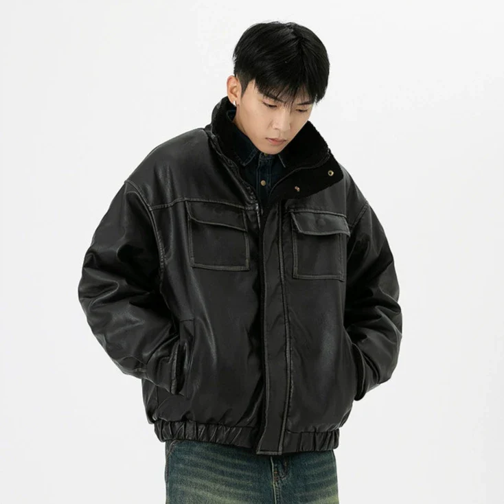 Vintage Washed Faux Leather Jacket with Flap Pockets - Image 13