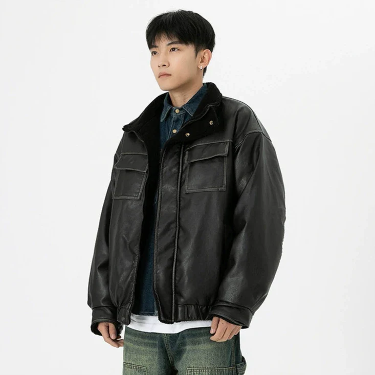 Vintage Washed Faux Leather Jacket with Flap Pockets - Image 14