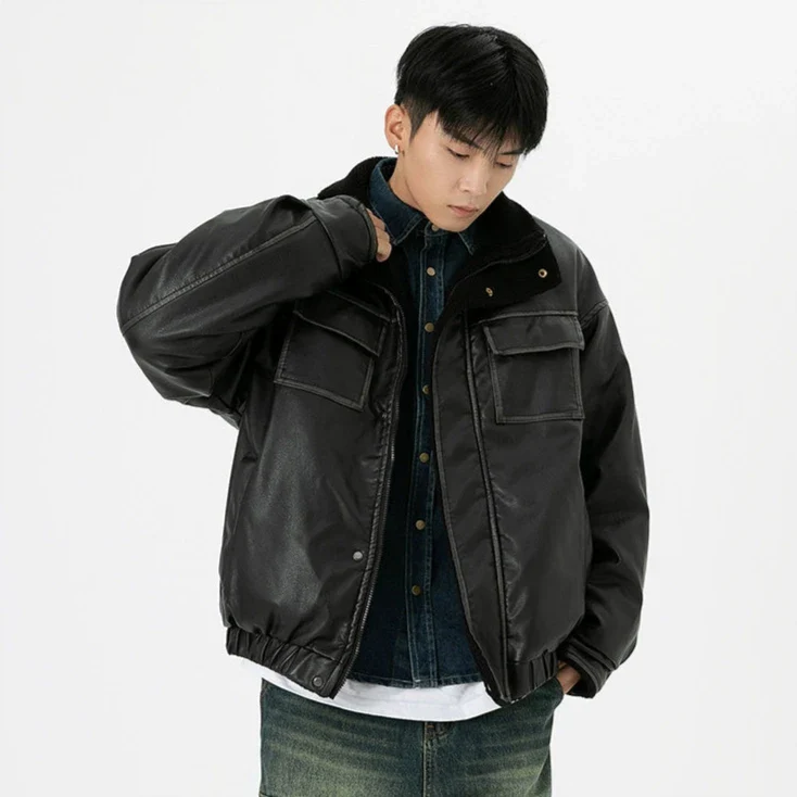 Vintage Washed Faux Leather Jacket with Flap Pockets - Image 15
