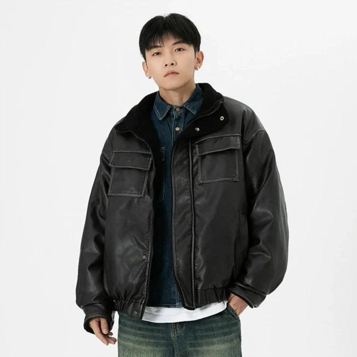 Vintage Washed Faux Leather Jacket with Flap Pockets - Image 16