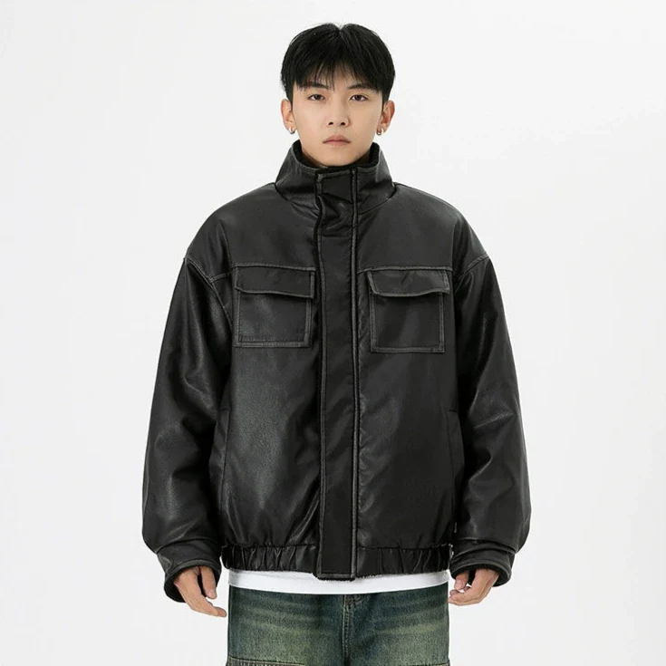 Vintage Washed Faux Leather Jacket with Flap Pockets - Image 17