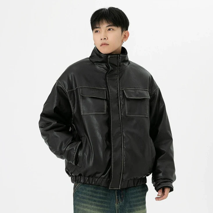Vintage Washed Faux Leather Jacket with Flap Pockets - Image 18