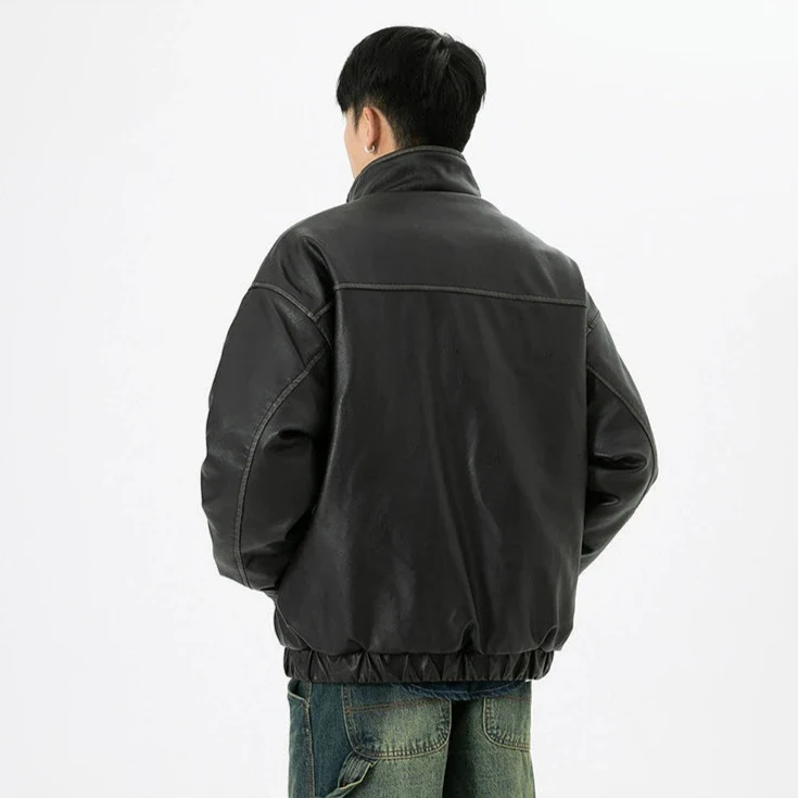 Vintage Washed Faux Leather Jacket with Flap Pockets - Image 19