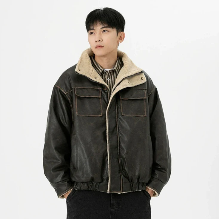 Vintage Washed Faux Leather Jacket with Flap Pockets - Image 2