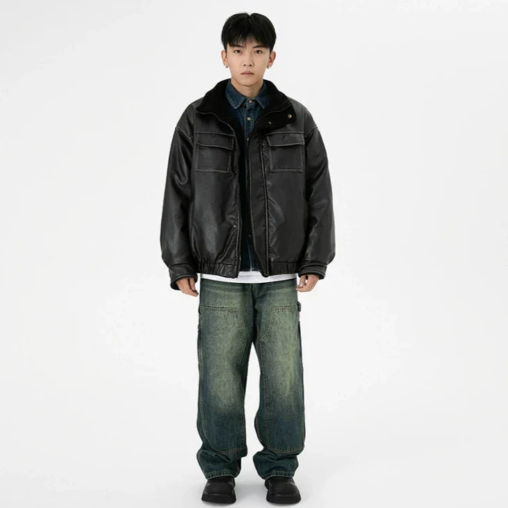 Vintage Washed Faux Leather Jacket with Flap Pockets - Image 20