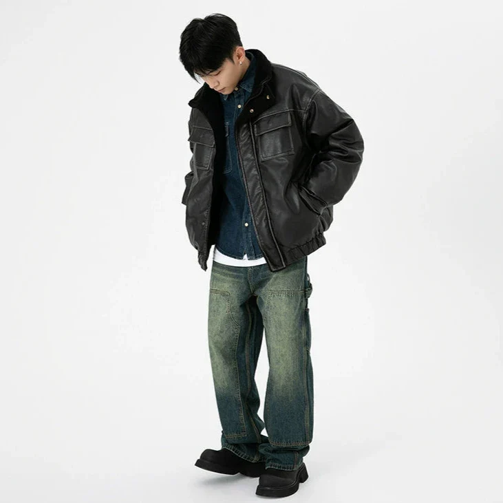 Vintage Washed Faux Leather Jacket with Flap Pockets - Image 21