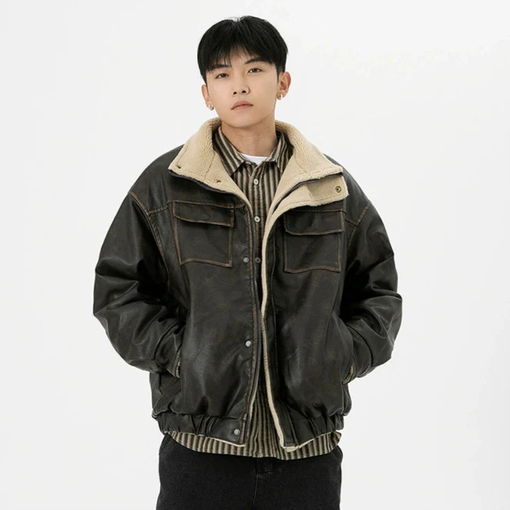 Vintage Washed Faux Leather Jacket with Flap Pockets - Image 3