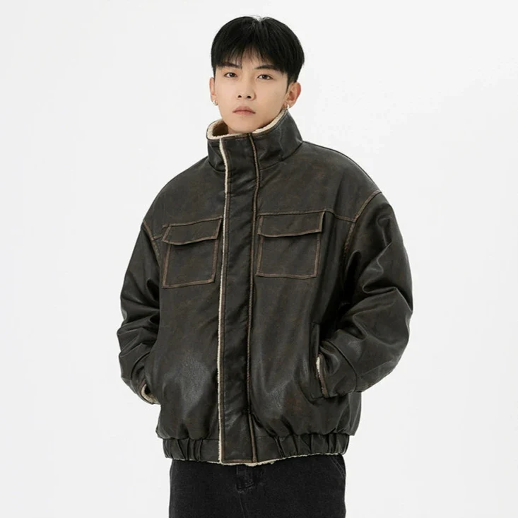 Vintage Washed Faux Leather Jacket with Flap Pockets - Image 6