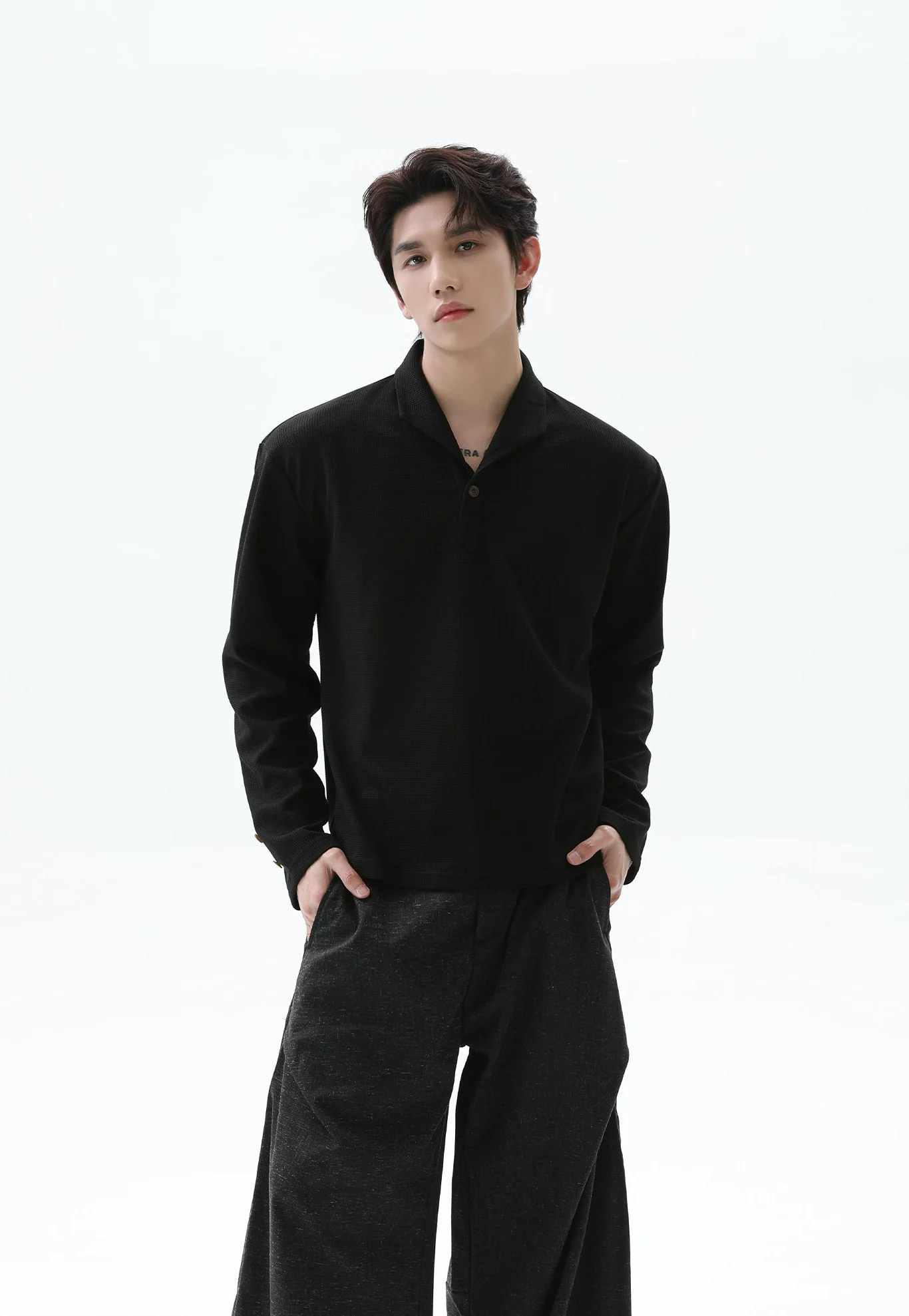 Waffle Knit Half-Button Long Sleeve Polo Top - Image 6