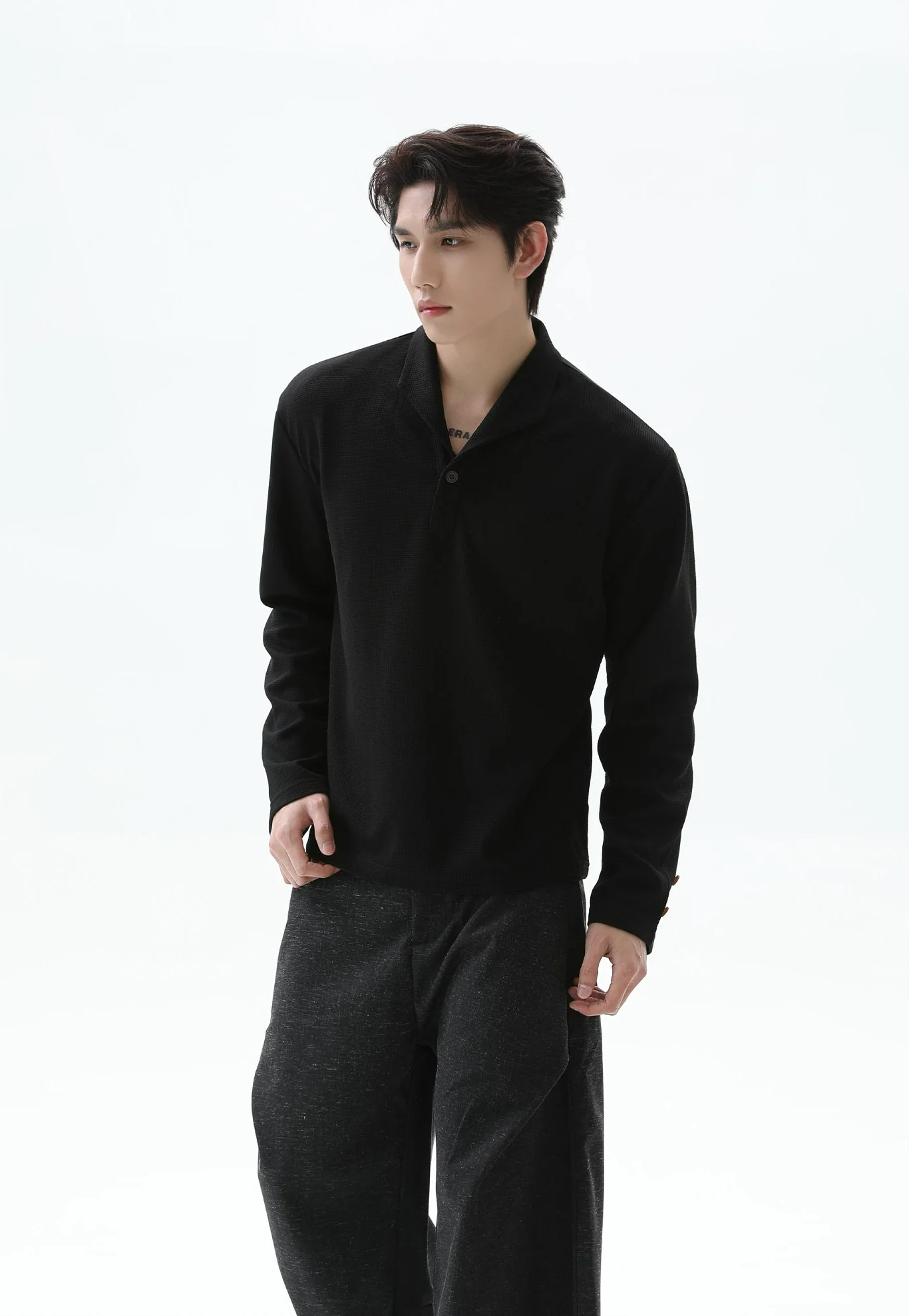 Waffle Knit Half-Button Long Sleeve Polo Top - Image 7
