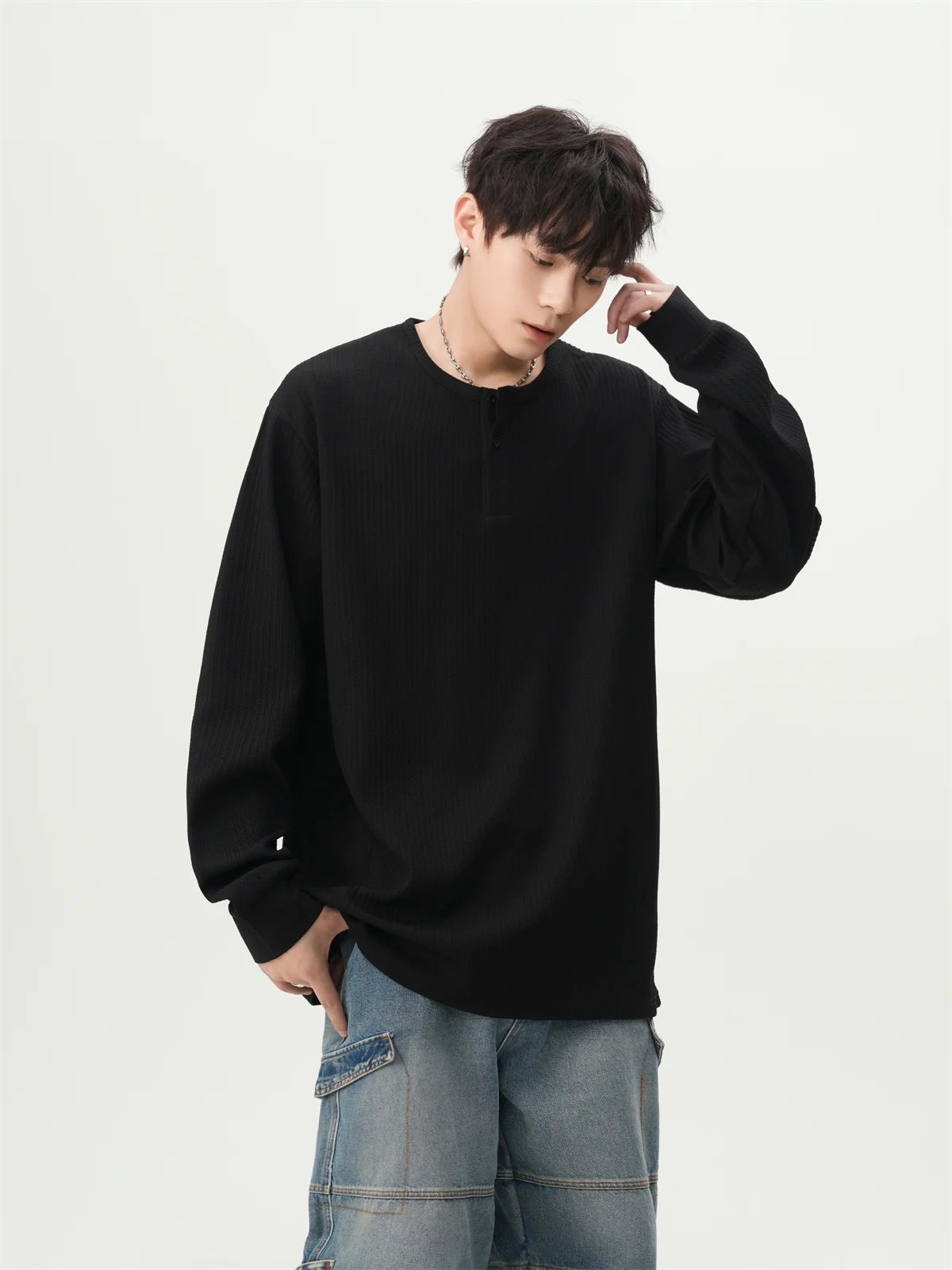 Waffle Pattern Half Button Long Sleeve Shirt - Image 19