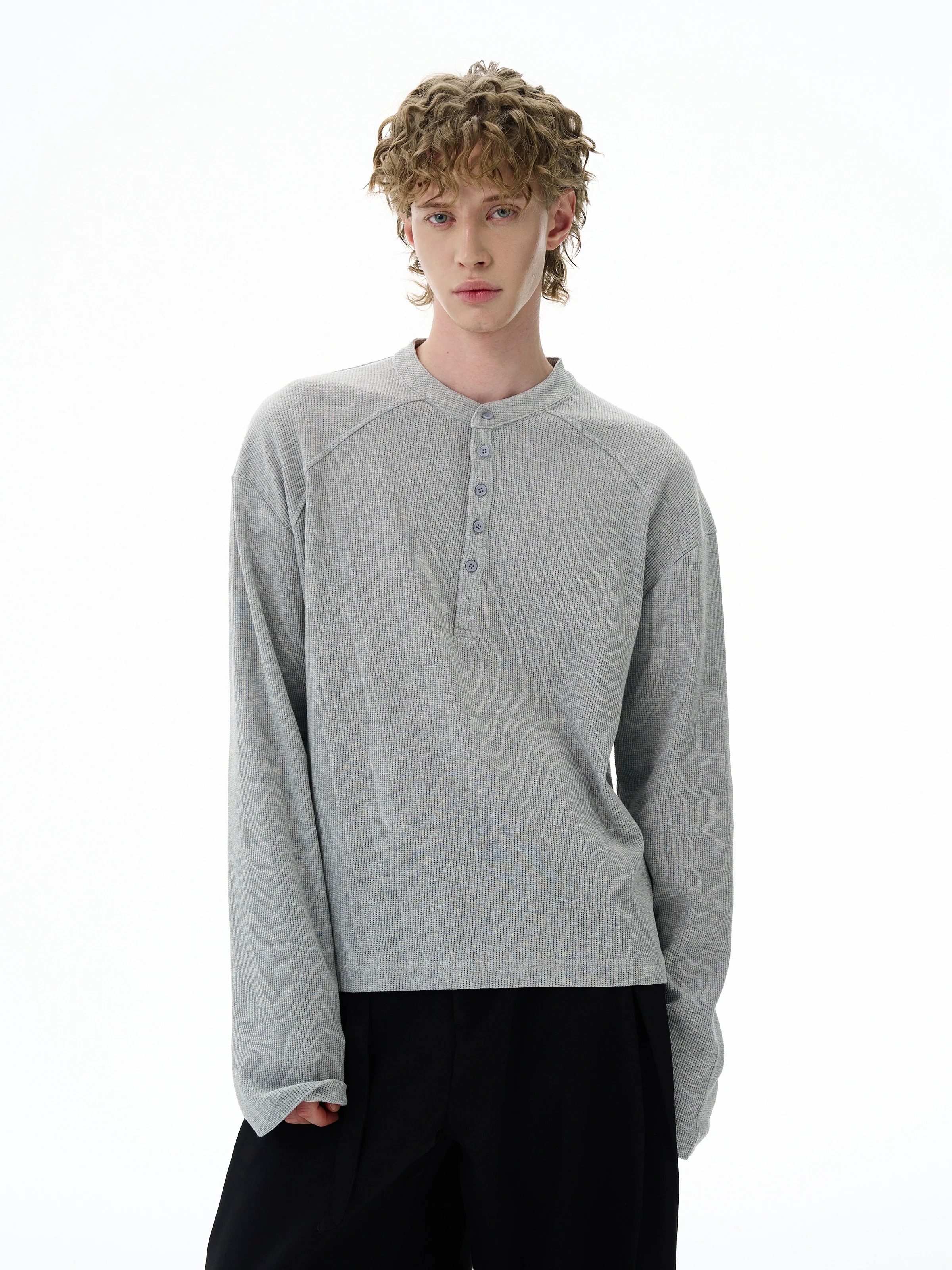 Waffle Texture Henley Cropped Long Sleeve T-Shirt - Image 2