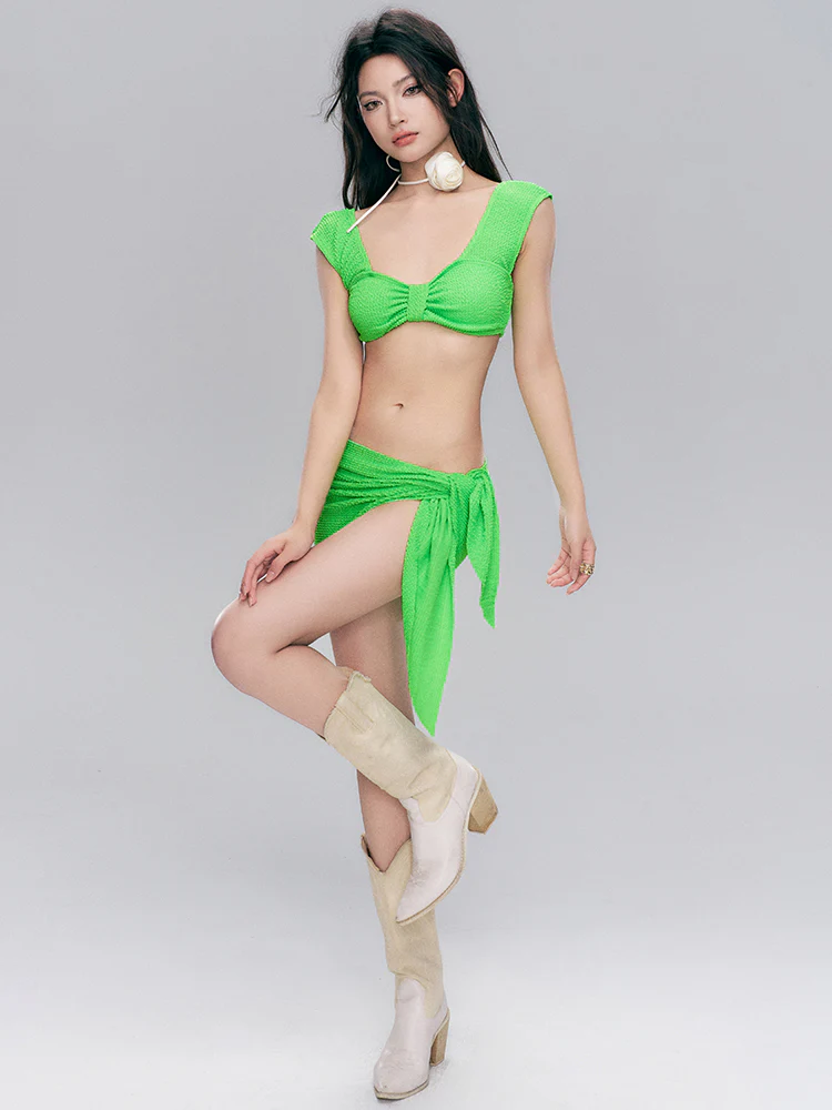 Waffle Texture Knot-Front Bikini with Matching Sarong Set - Image 5