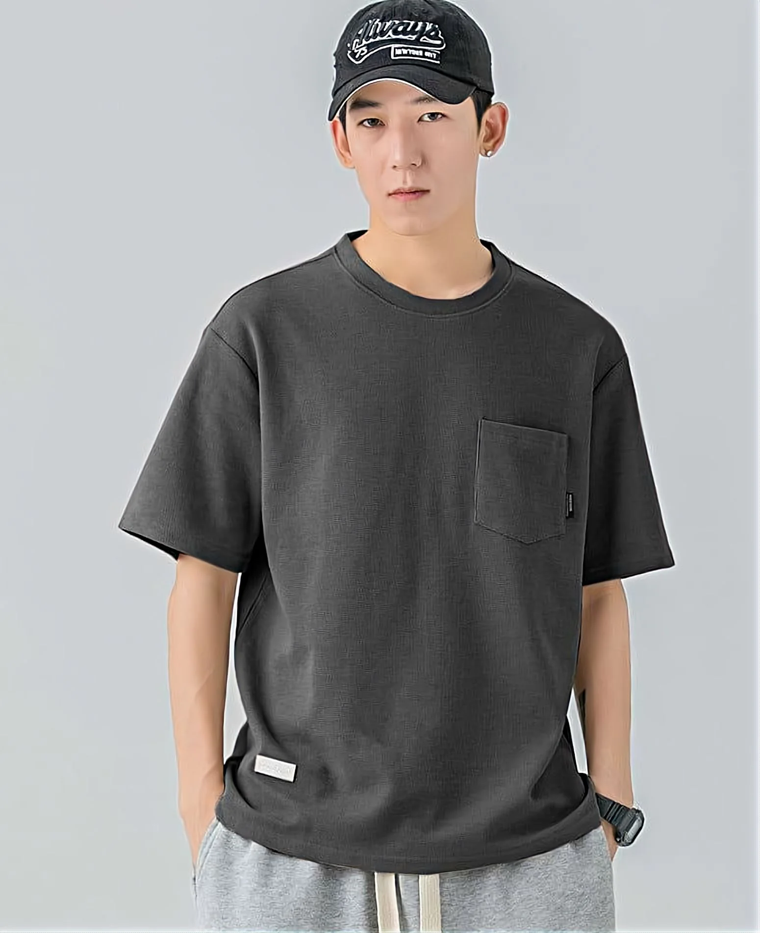 Waffle Texture Round Neck T-Shirt - Image 6