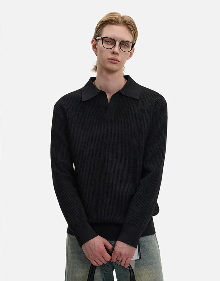 Waffle Textured Long Sleeve Polo Shirt - Image 3