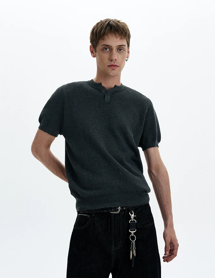 Waffle Textured Short Sleeve Henley Knit Lightweight Top - Image 11