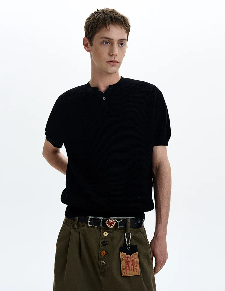 Waffle Textured Short Sleeve Henley Knit Lightweight Top - Image 2