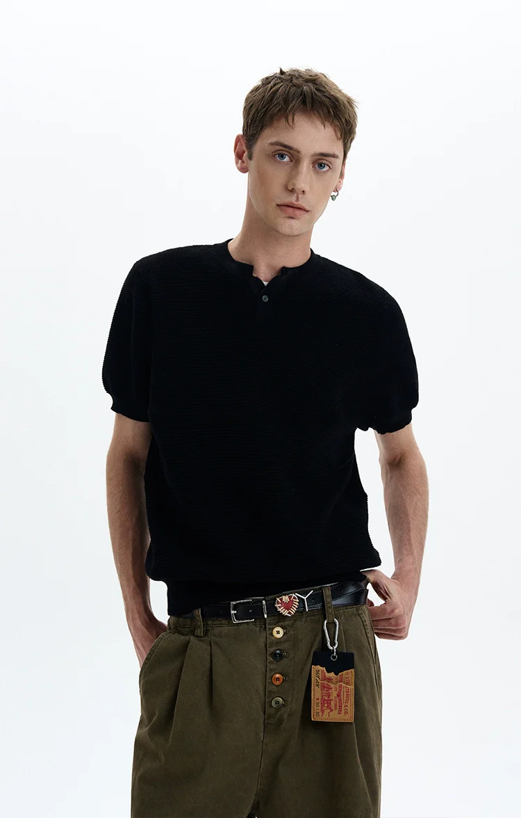 Waffle Textured Short Sleeve Henley Knit Lightweight Top - Image 3