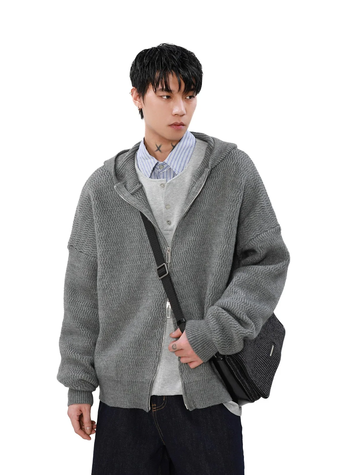 Wave Pattern Drop Shoulder Two Way Zip Hooded Jacket - Image 6