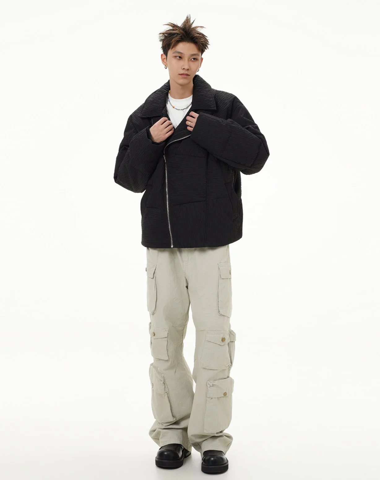 Wave Textured Asymmetric Zip Oversized Jacket - Image 15