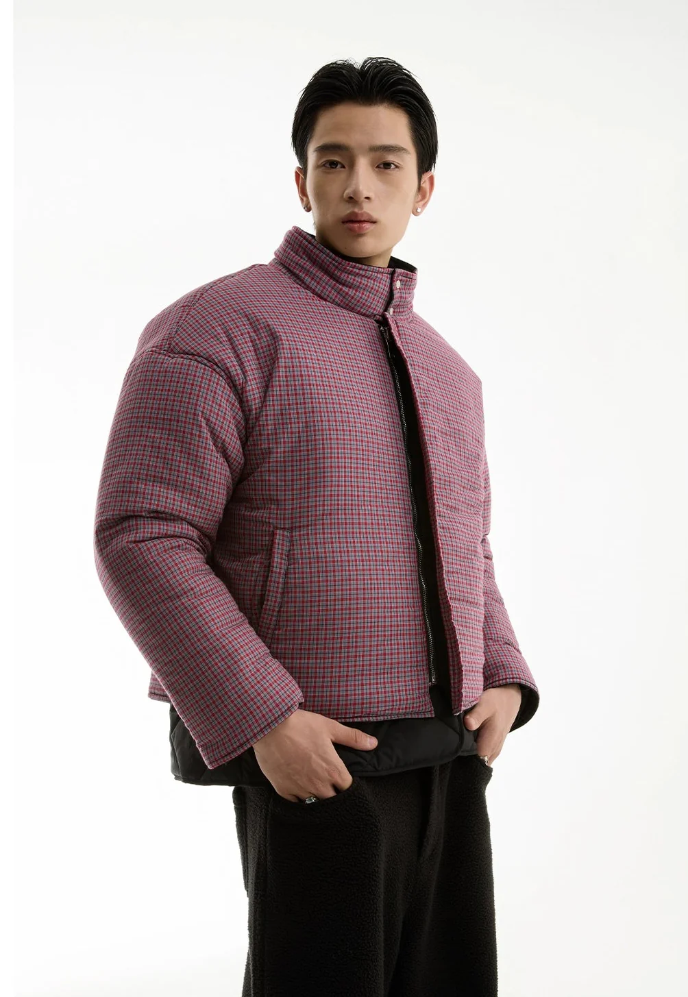 Wide High Collar Plaid Reversible Puffer Jacket - Image 2