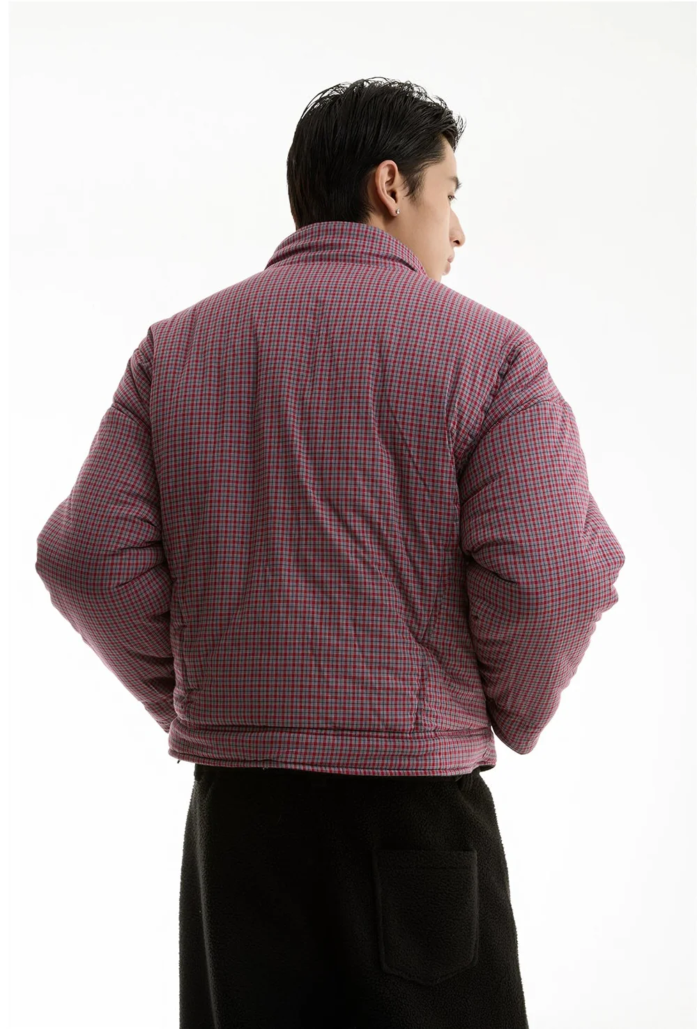 Wide High Collar Plaid Reversible Puffer Jacket - Image 3