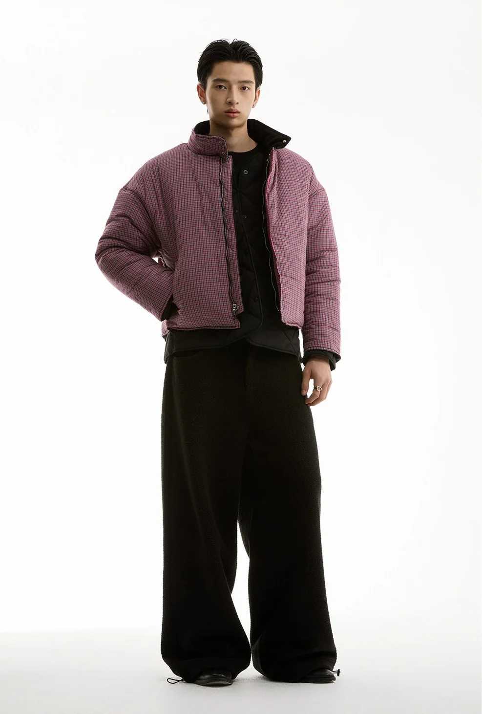 Wide High Collar Plaid Reversible Puffer Jacket - Image 5
