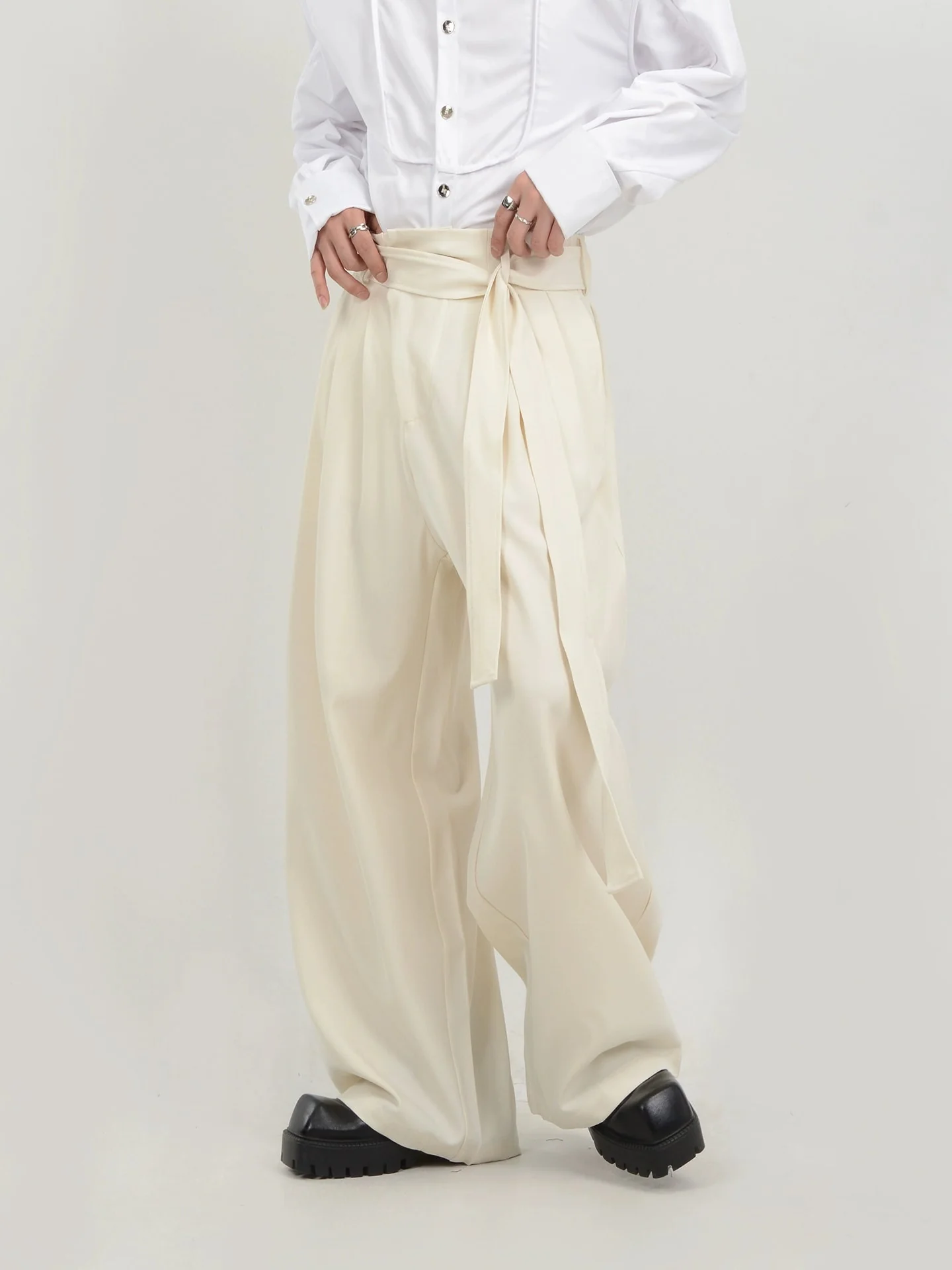 Wide Leg Belted Trousers with Pleat Detail - Image 2