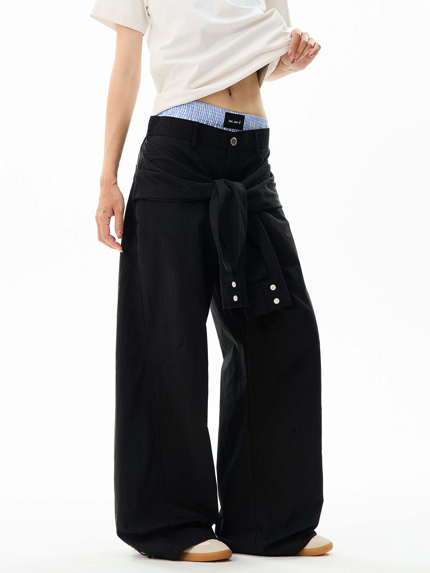 Wide-Leg Cargo Pants with Wraparound Belt Detail - Image 11