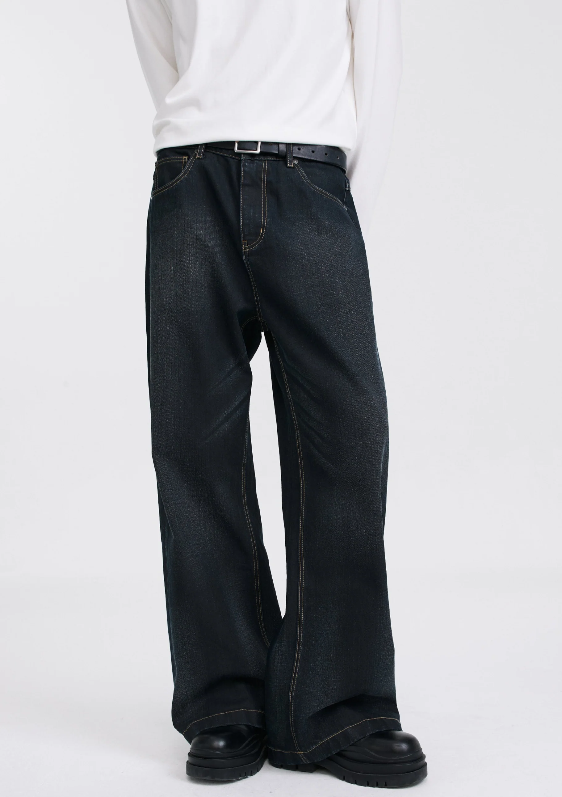 Wide Leg Dark Wash Wax Jeans with Contrast Stitching