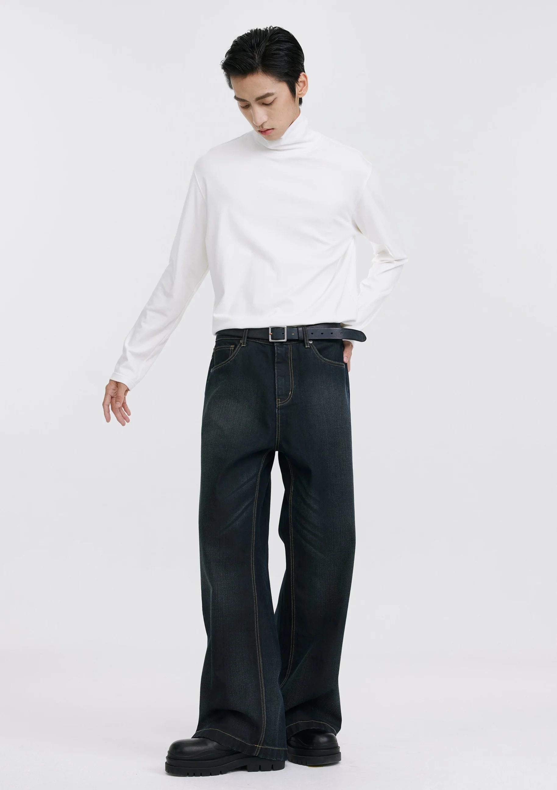 Wide Leg Dark Wash Wax Jeans with Contrast Stitching - Image 6