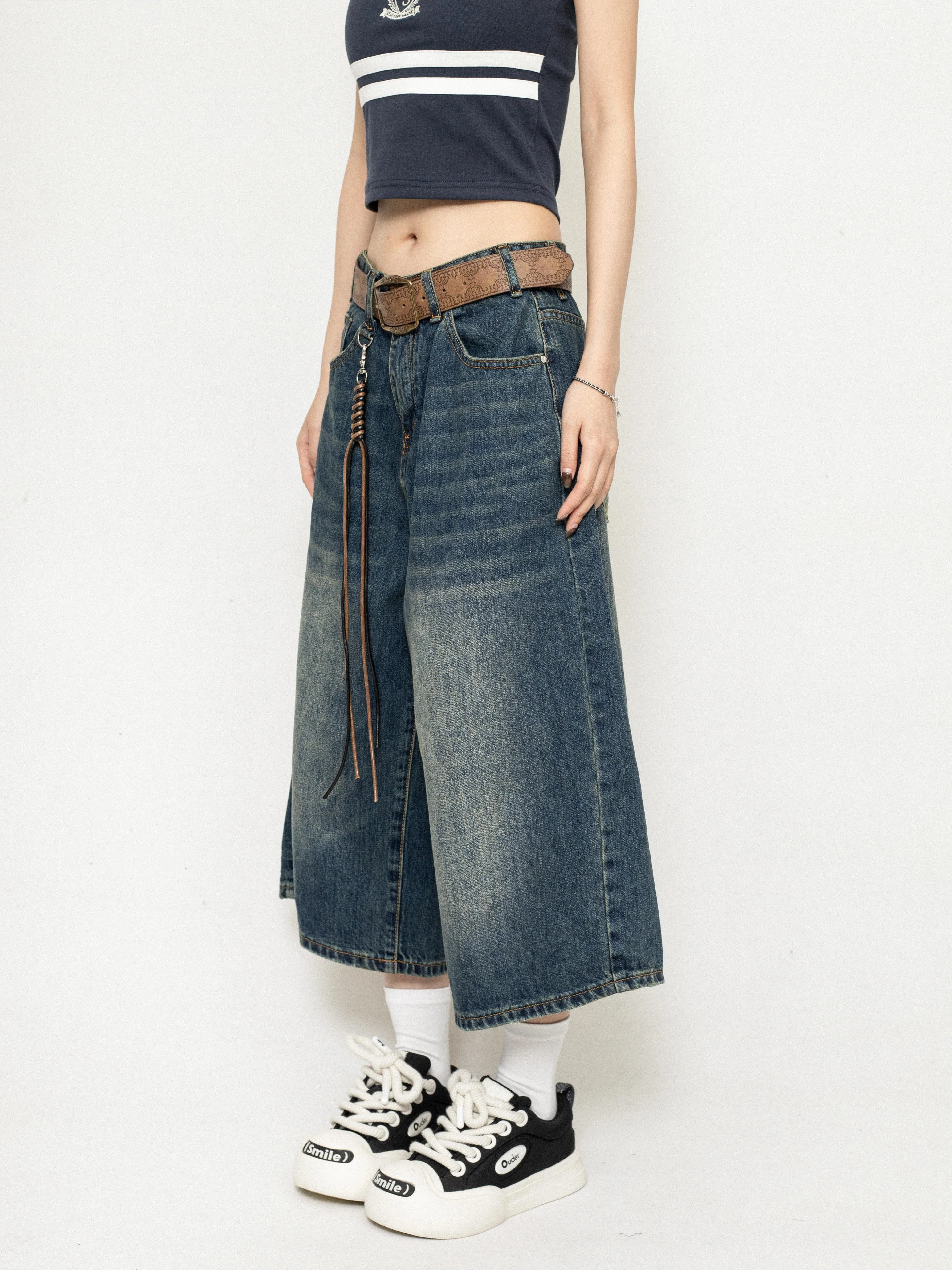 Wide-Leg Denim Bermuda Long Jorts with Faded Wash - Image 3
