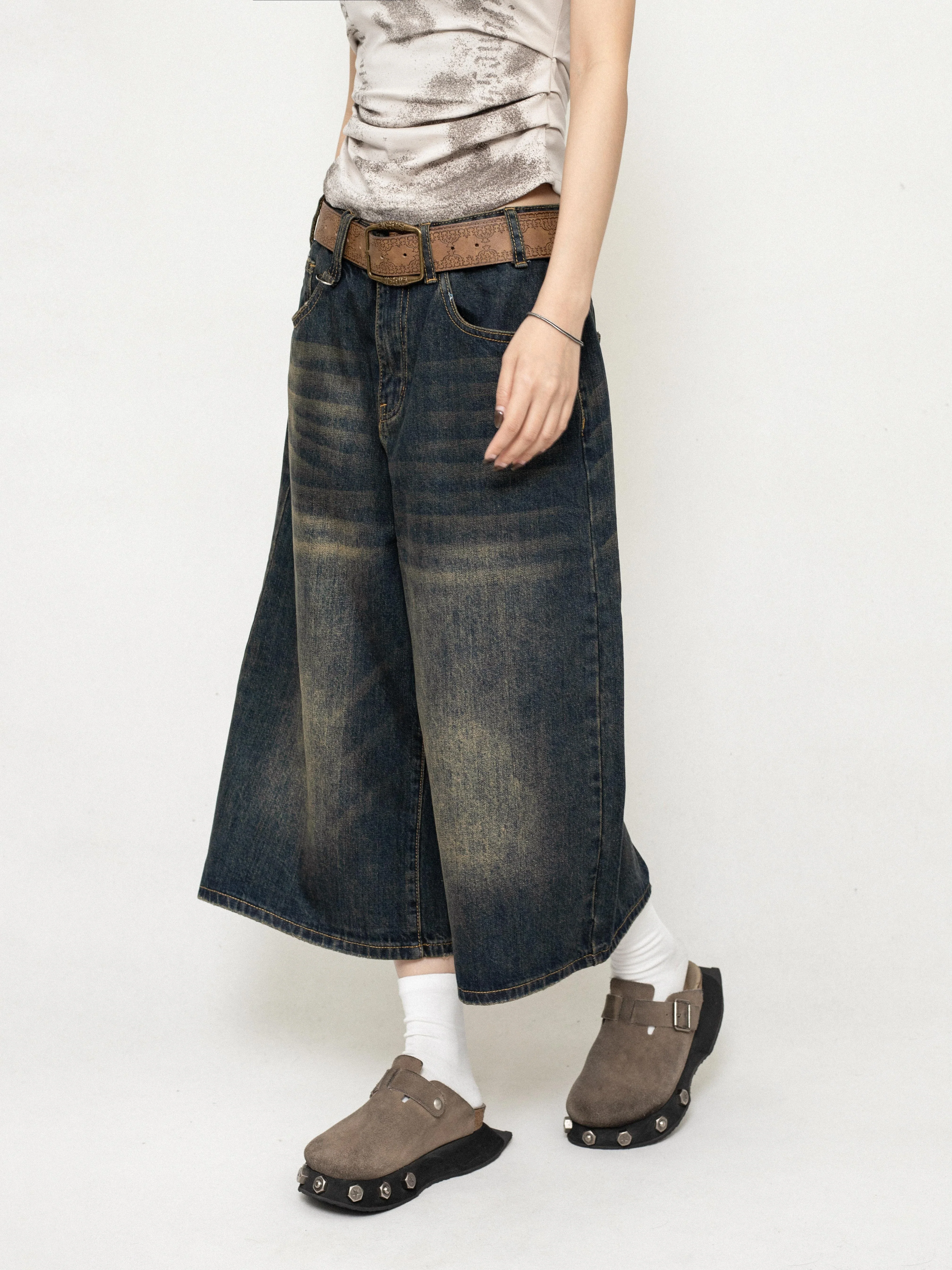Wide-Leg Denim Bermuda Long Jorts with Faded Wash - Image 5
